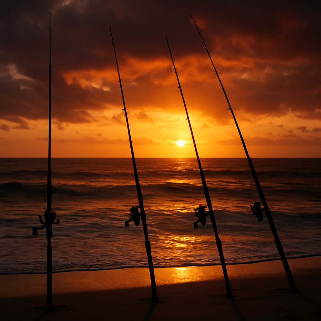 Fishing rods lined up against an ocean sunset