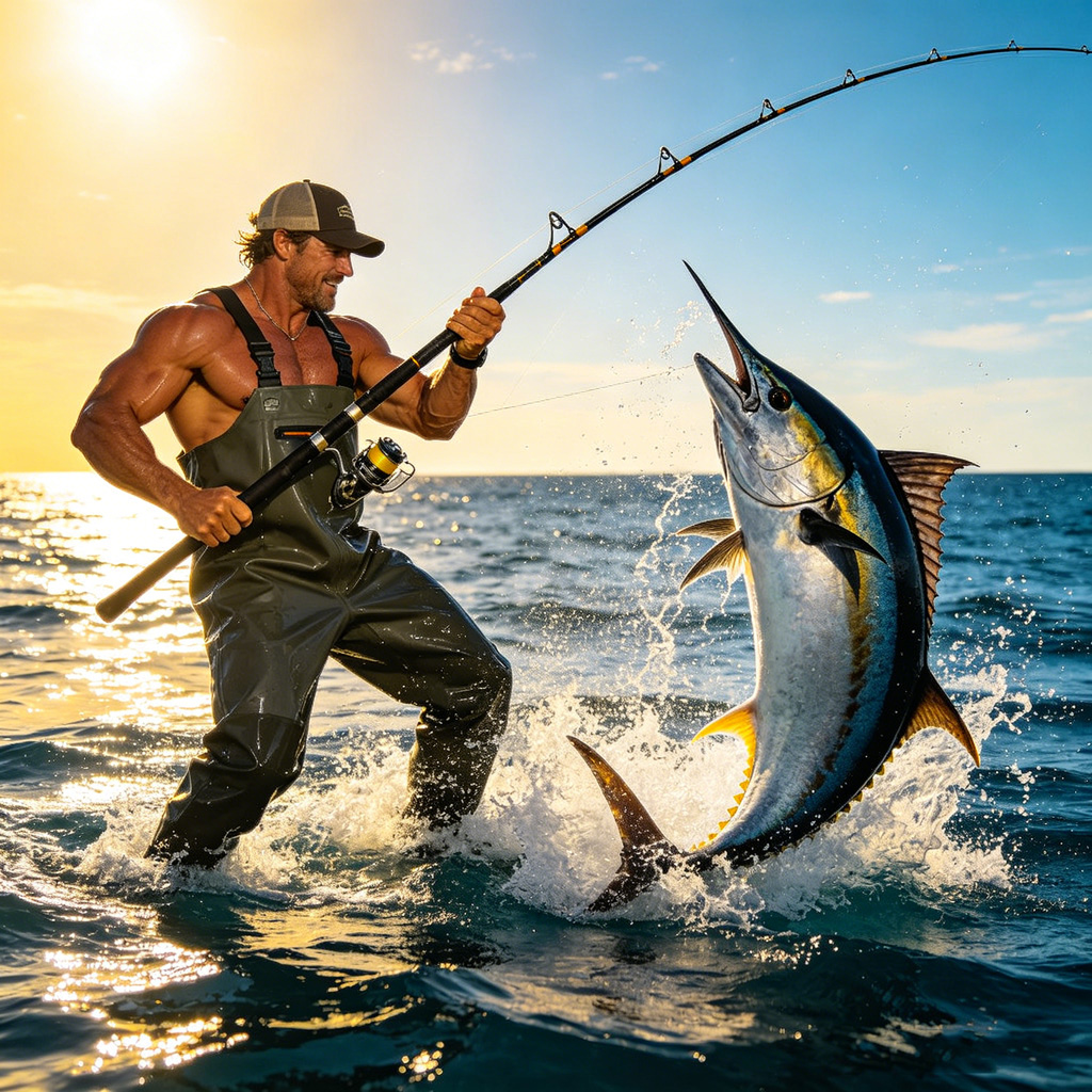Angler casting a fishing rod at a calm lake at golden hour